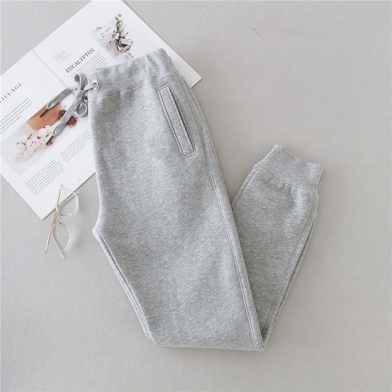 纯棉灰白色哈伦束口运动加绒长裤女大码秋冬休闲收口小脚九分卫裤