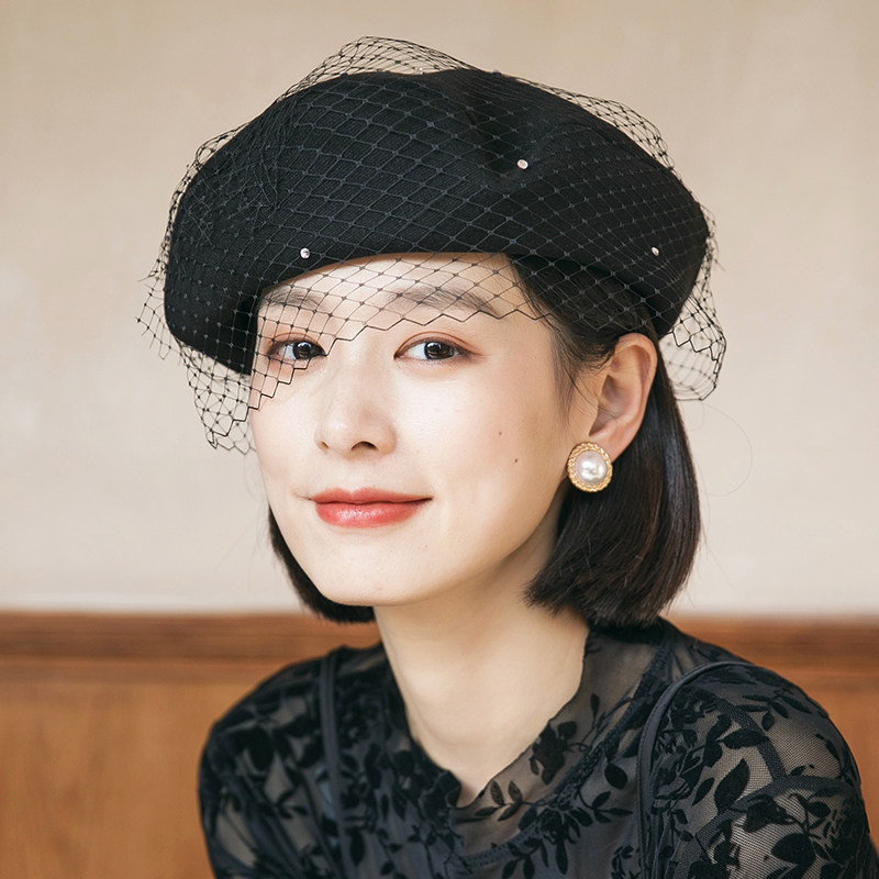 法式复古网纱贝雷帽英伦韩版百搭蕾丝蓓蕾黑色帽子