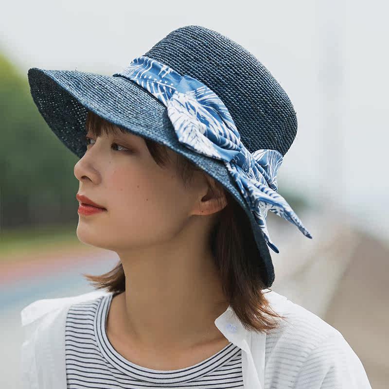 大檐拉菲草草帽女夏季沙滩遮阳帽蓝布带日系文艺百搭防晒草编帽子