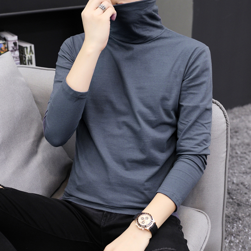 男士高领打底衫潮牌修身长袖纯棉T恤秋季内搭上衣潮流薄款体恤衫