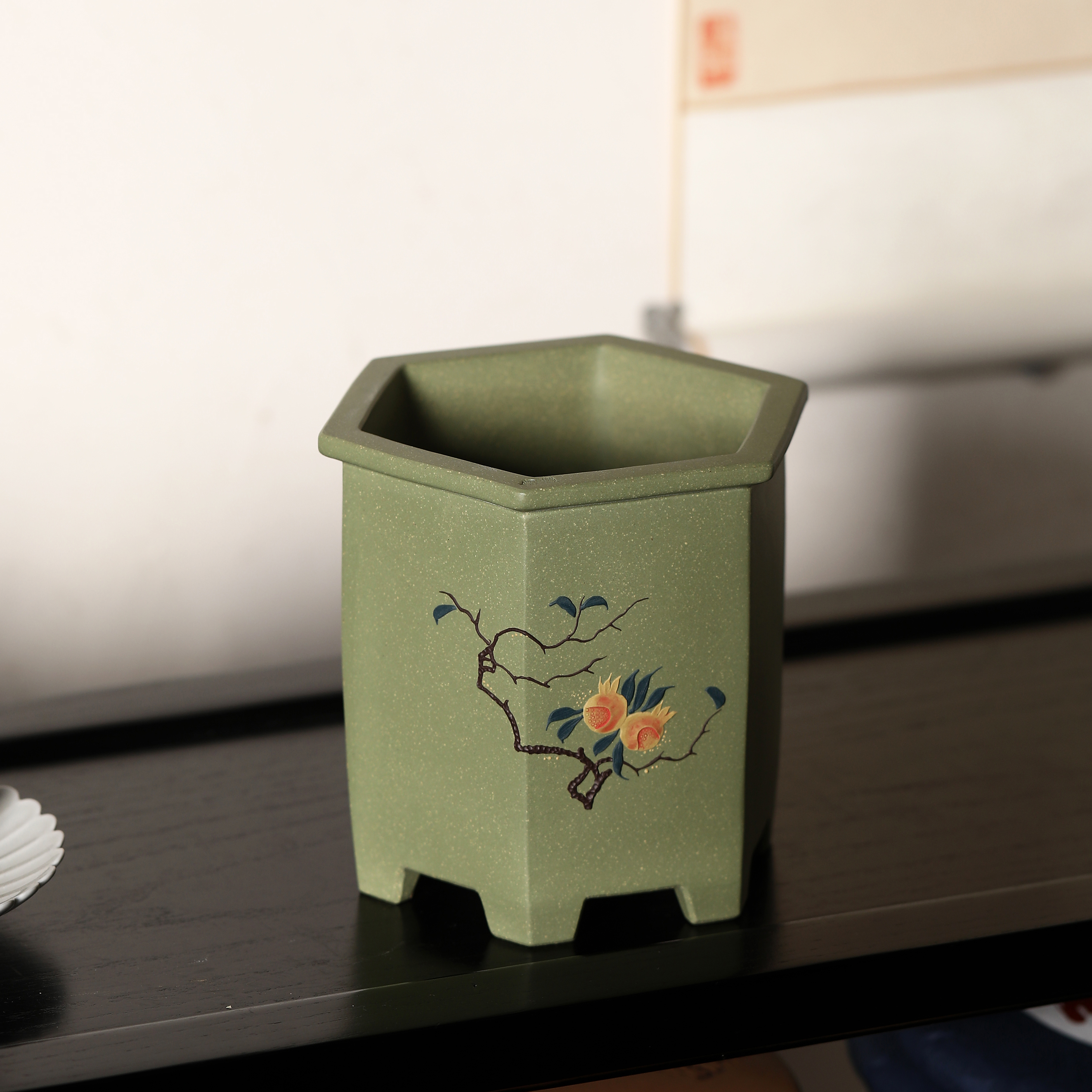 花盆紫砂陶瓷盆景盆兰苏玲名家抹茶绿泥六方花盆