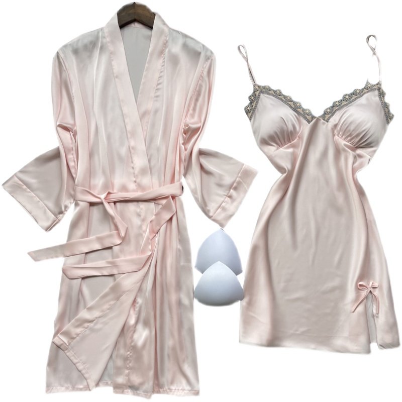 粉色睡衣夏季冰丝丝绸性感吊带胸垫睡裙春秋睡裙