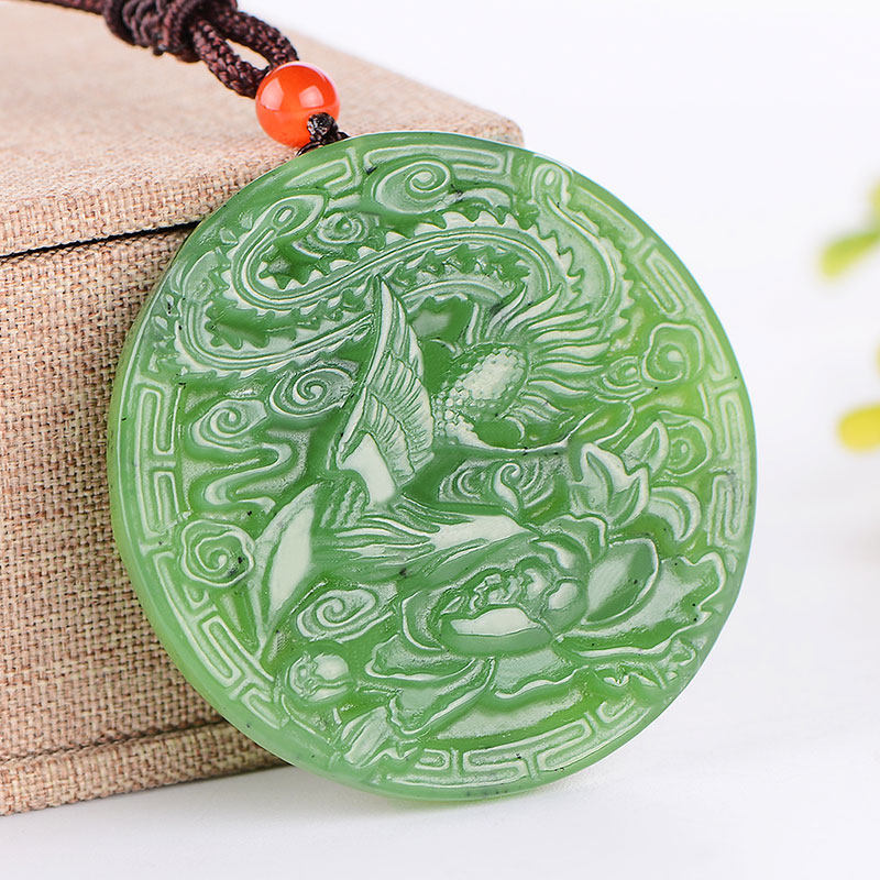 景禾 双面精雕天然和田玉龙凤呈祥吊坠 碧玉龙凤配玉佩圆形牌挂件