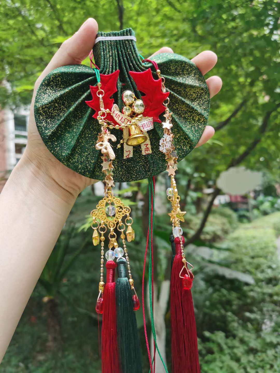 【现货特价】大梦千年汉服古法腰圆荷包烫金绿流苏美国进口布料