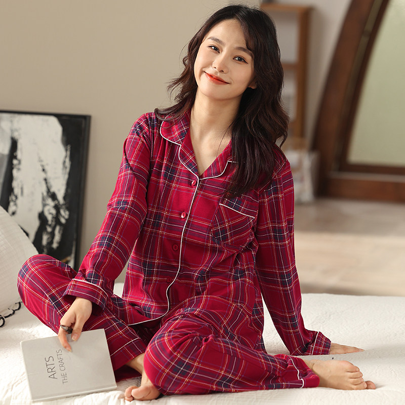 多俏美长袖红色睡衣纯棉格子春秋本命年大码全棉睡衣