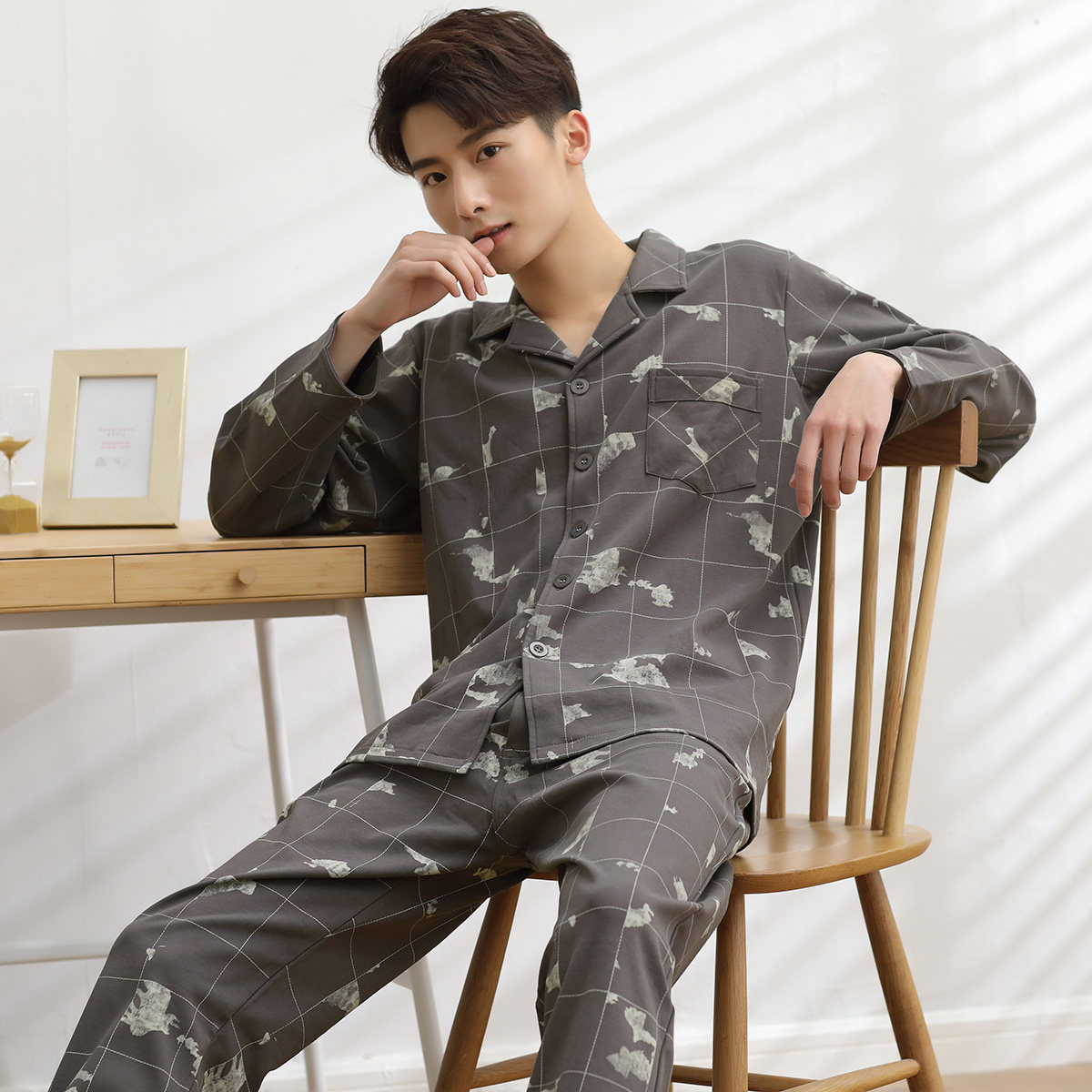 多俏美男士睡衣春秋款长袖纯棉男款夏季薄款全棉家居服套装居家服