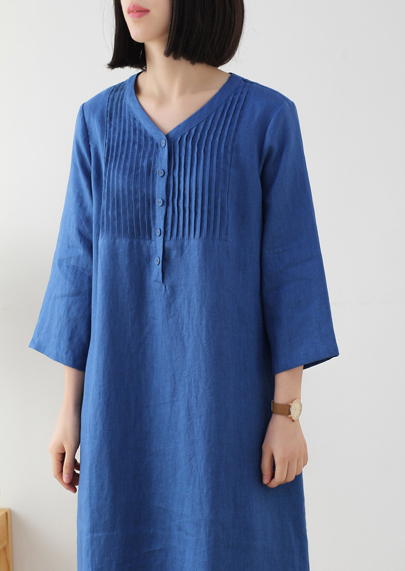 连衣裙亚麻蓝色领中2022新款文艺宽松百搭旅拍连衣裙
