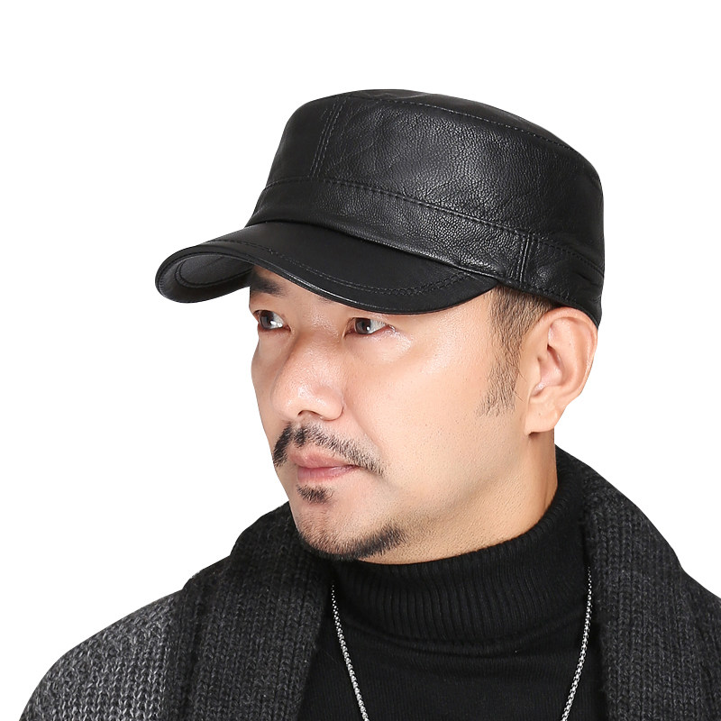羊皮帽子男式秋冬季平顶帽男军帽薄款男帽休闲真皮男士海军帽子男