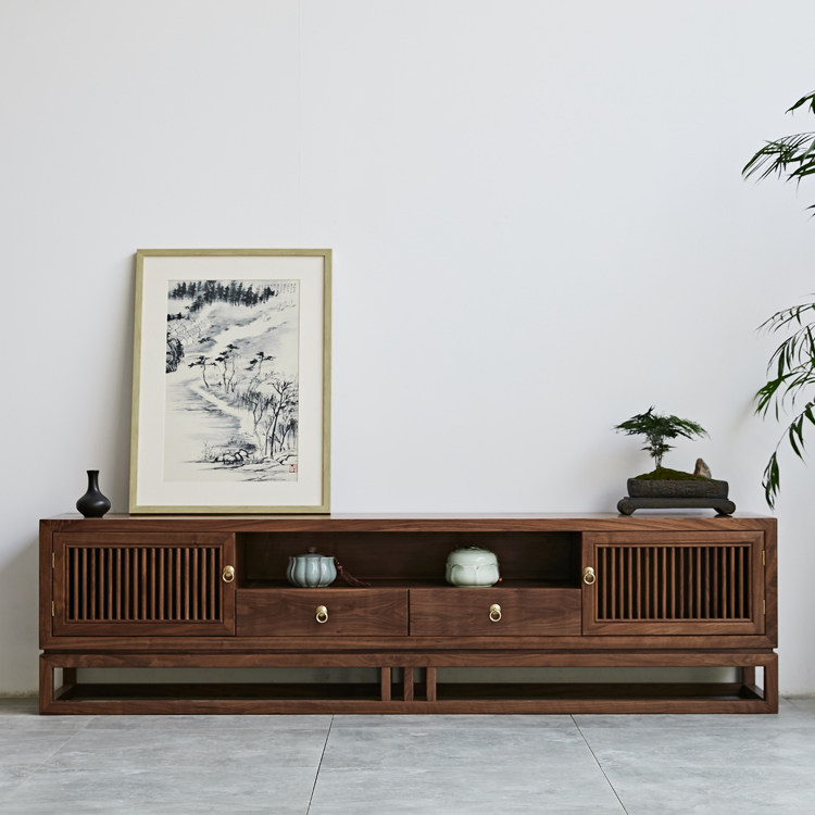 电视柜木羲元胡桃木客厅实木家具边柜榆木地柜禅意新中式电视柜