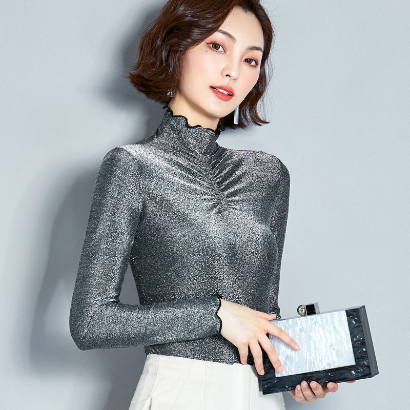 半高内搭长袖洋气时尚秋衣纱网网纱高领薄款t恤