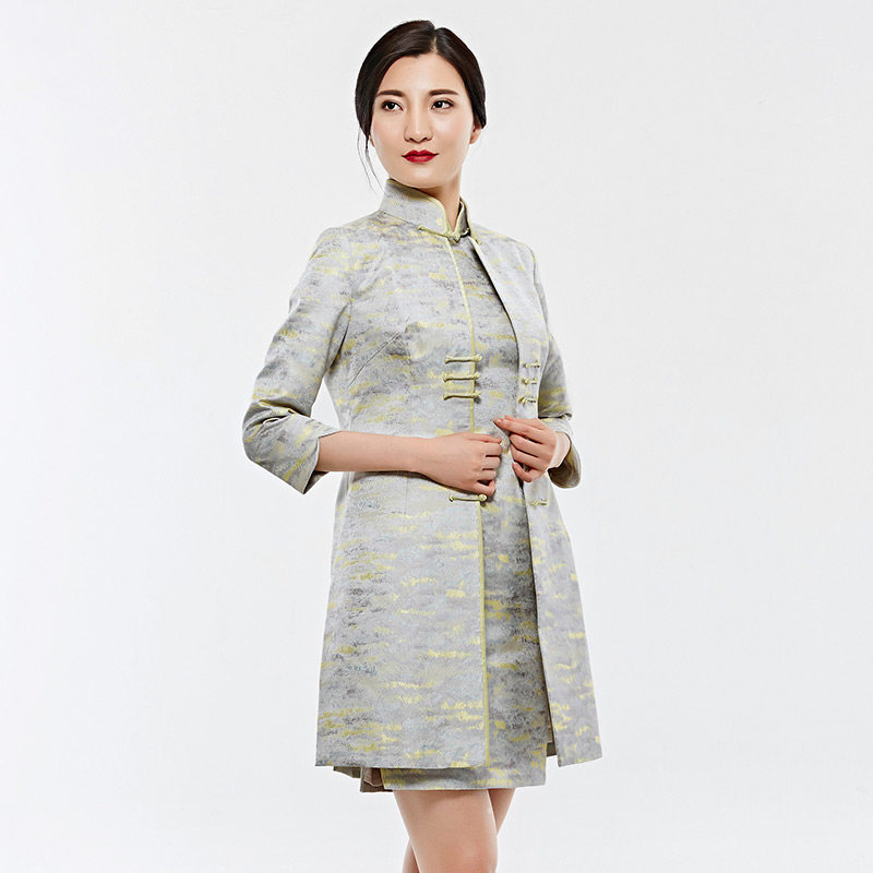 木真了唐装女外套新款中国风女装长款风衣提花上衣0706