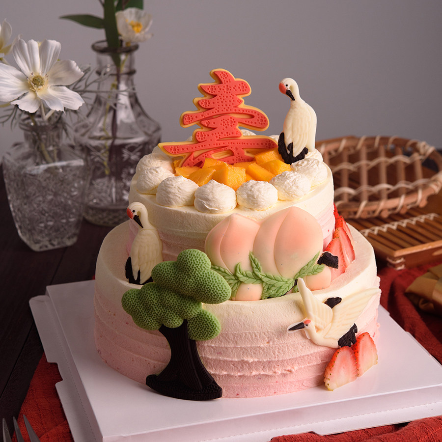 福禄寿祝寿新鲜水果奶油蛋糕生日礼物健康动物新鲜生日蛋糕