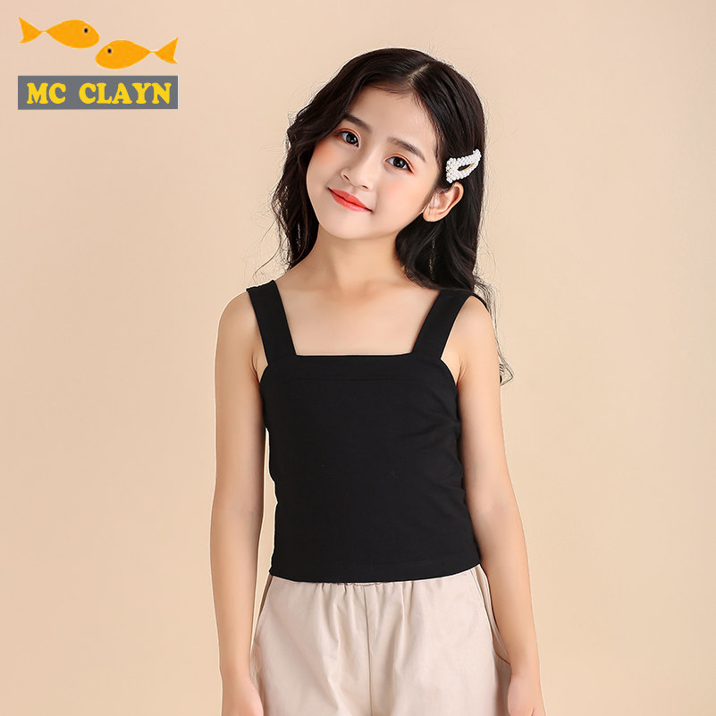 2022新款女童吊带背心漏肩黑白纯色小女孩学生背心吊带