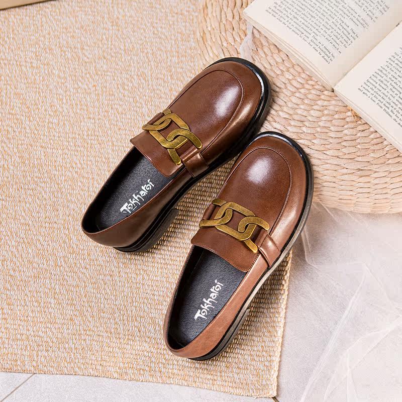 吐火罗皮鞋百搭中跟一脚脚蹬厚底乐福真皮圆头单鞋