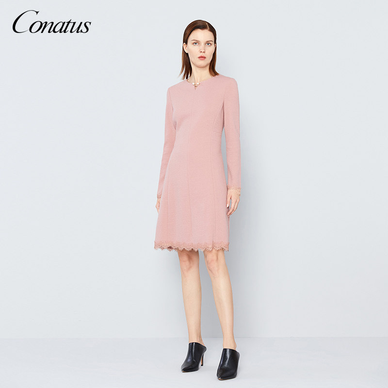conatus珂尼蒂思女装冬季气质领部珍珠蕾丝蕾丝花连衣裙