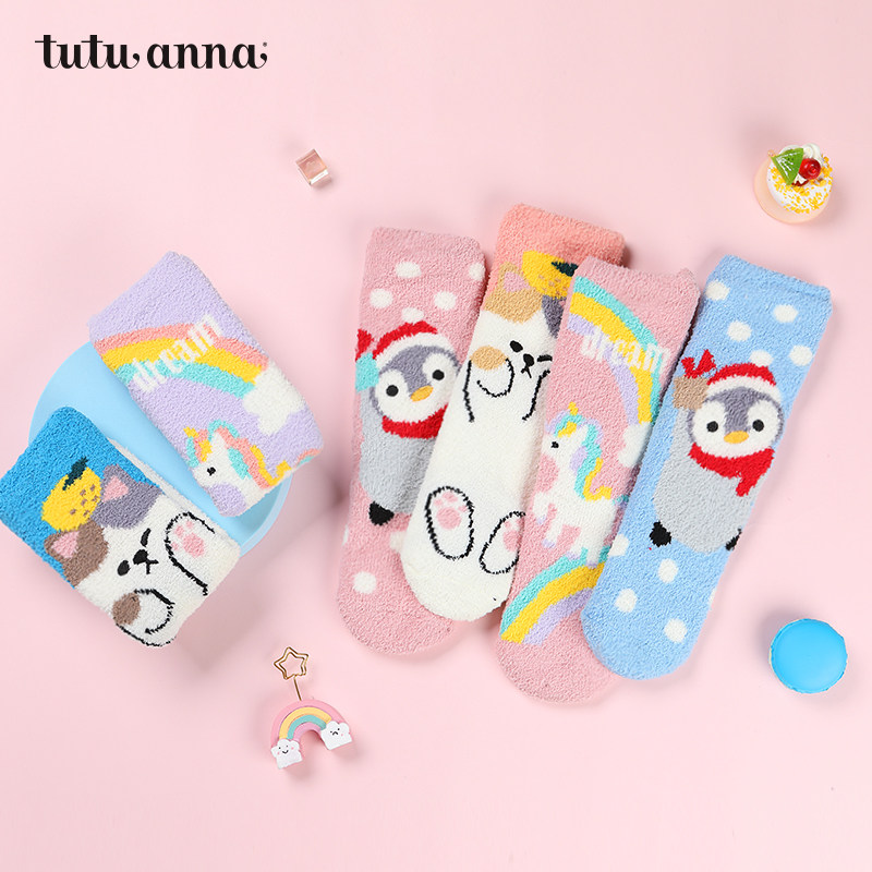 tutuanna袜子可爱圣诞老人双层加厚保暖防滑毛毛袜毛袜短袜