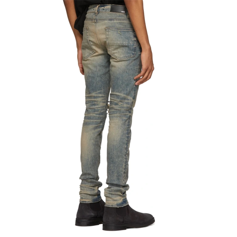 高街潮牌slp19ss amiri风格 黄泥脏做旧破洞弹力修身牛仔裤男女潮