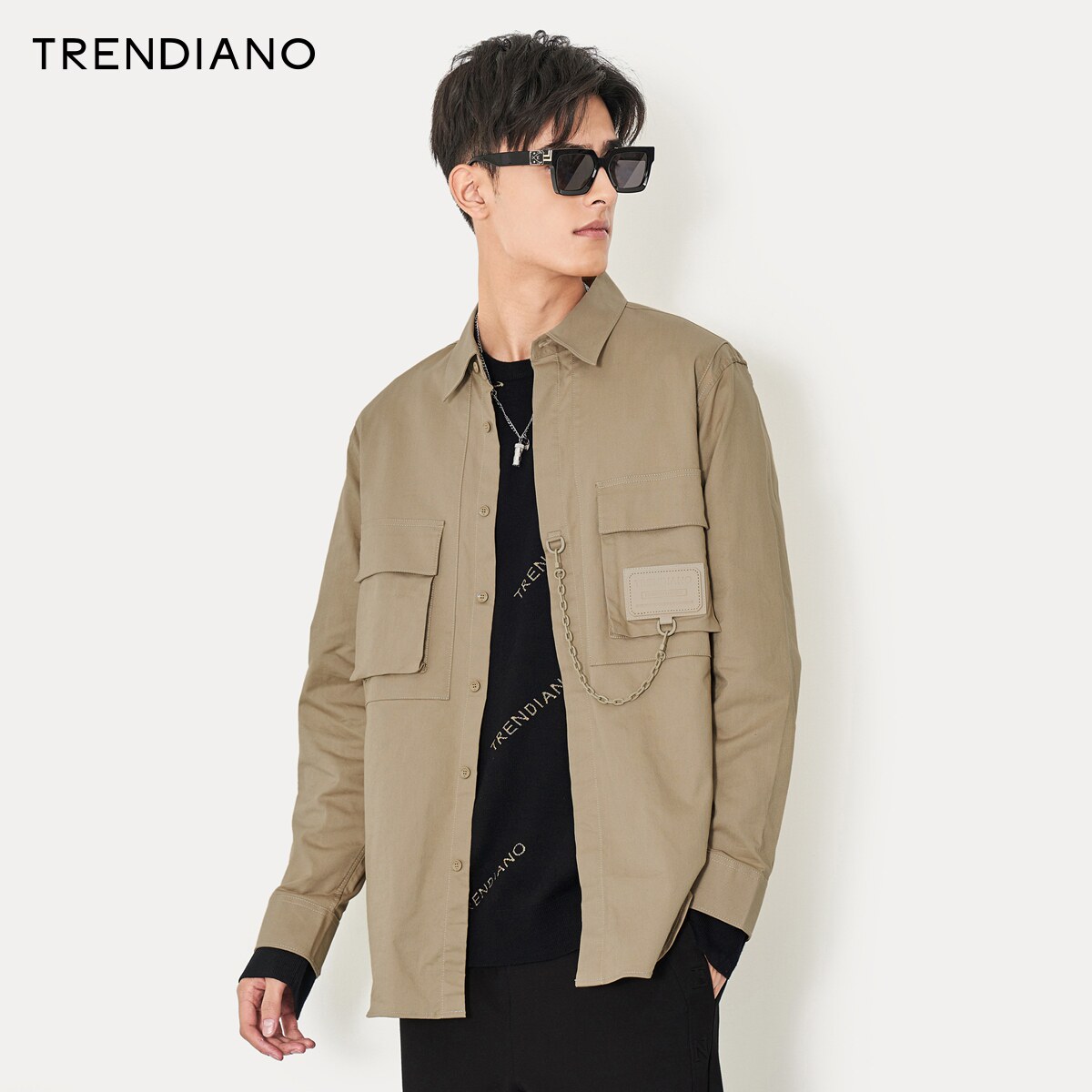 trendiano潮牌官方男装现在棉质简约时尚衬衣链子衬衫