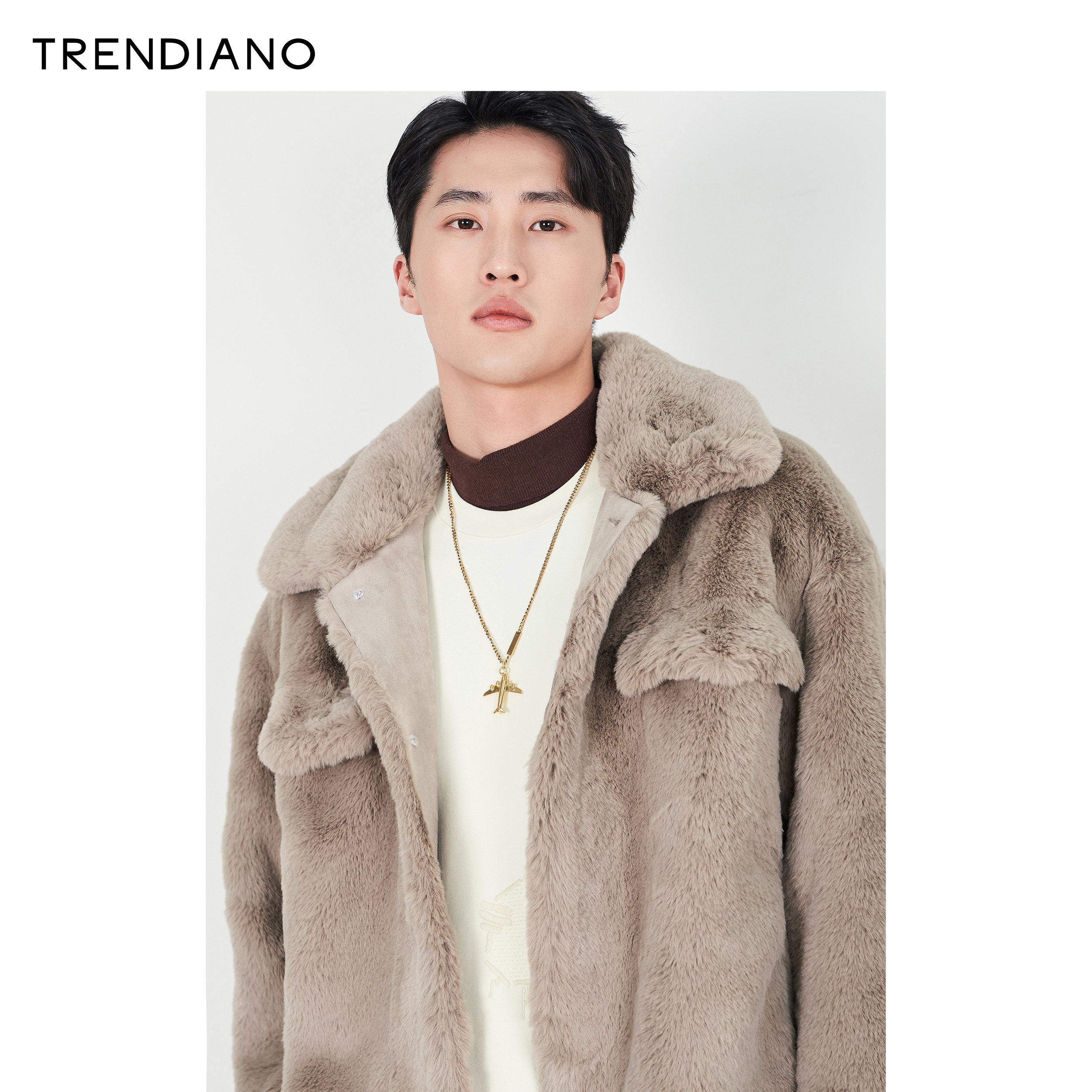 trendiano官方男装冬季新款仿兔毛料皮草外套皮草
