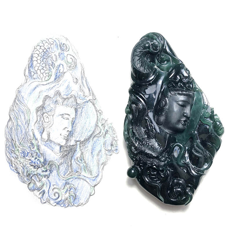 蓝水翡翠缅甸老坑冰种片料雕刻定制设计翠玉颈饰