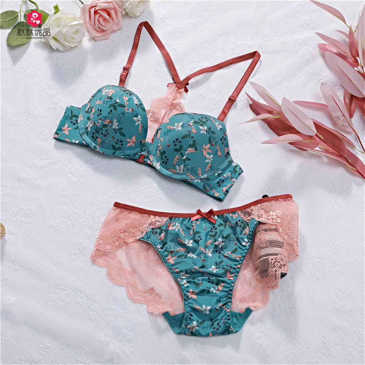 韩国蕾丝底裤文胸聚拢前开美背印花品牌性感文胸套装