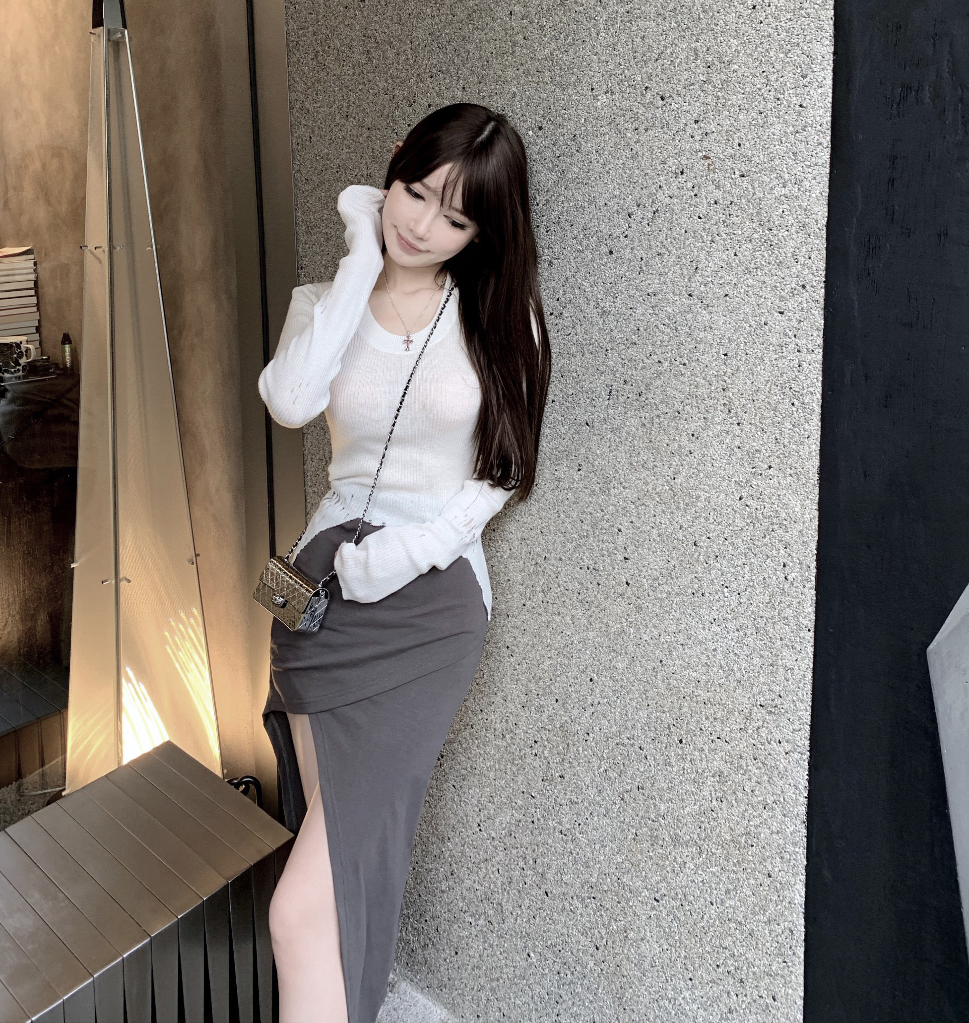 chicyou曲线女明星舒适显瘦开叉裙子性感不规则高腰半身裙