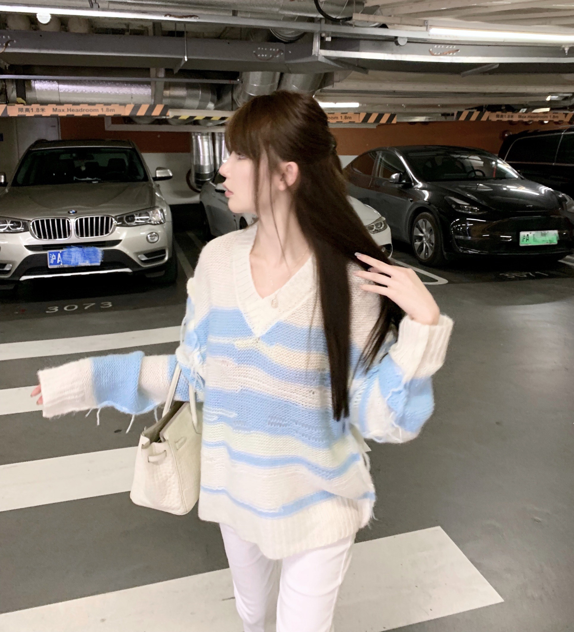 chicyou清纯温柔少女软糯蓝白条纹羊毛套头马海毛毛衣