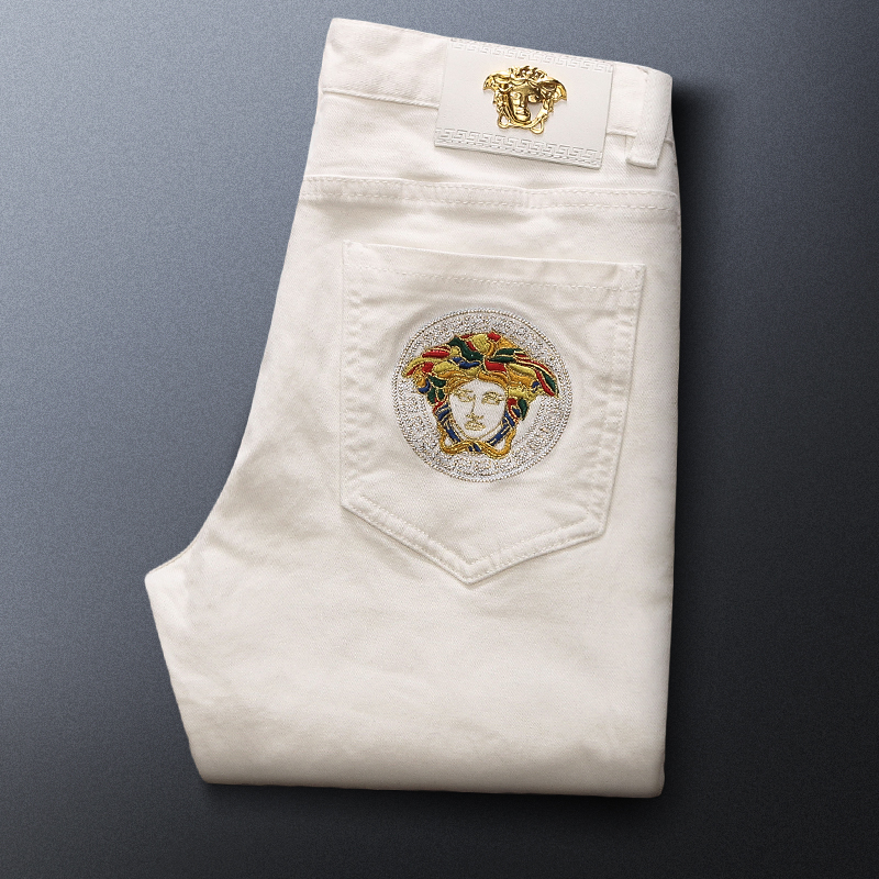 高端刺绣白色牛仔裤男潮牌 修身小直筒弹力春季新款韩版小脚潮流