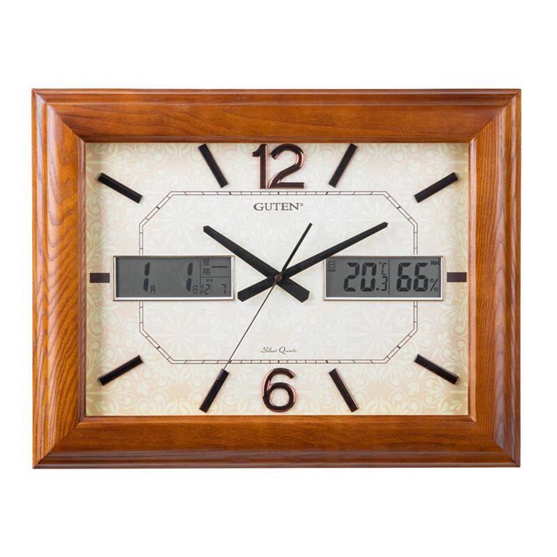 金钟宝长方形日历挂钟水曲柳实木静音钟表多功能农历挂钟