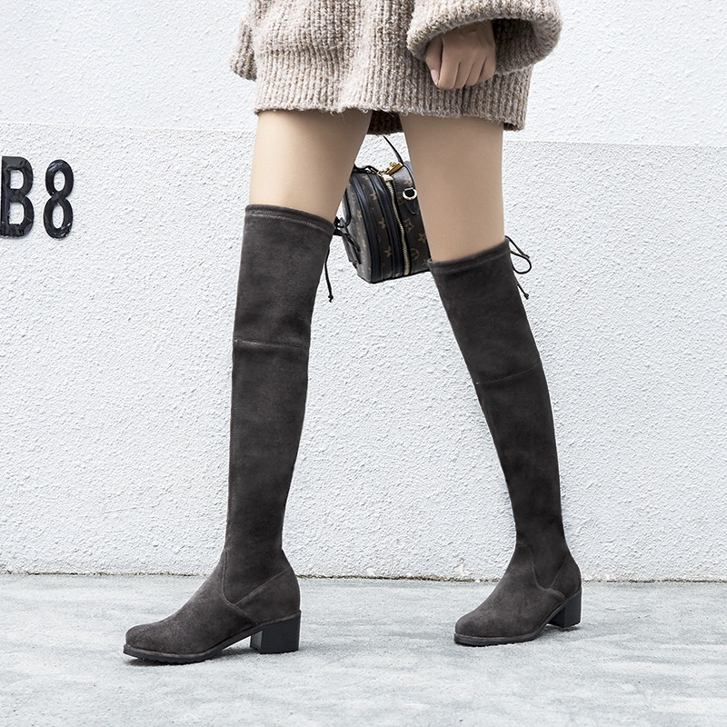 过膝靴女弹力靴2018秋新款瘦瘦靴平底粗跟中跟长筒靴圆头加绒长靴