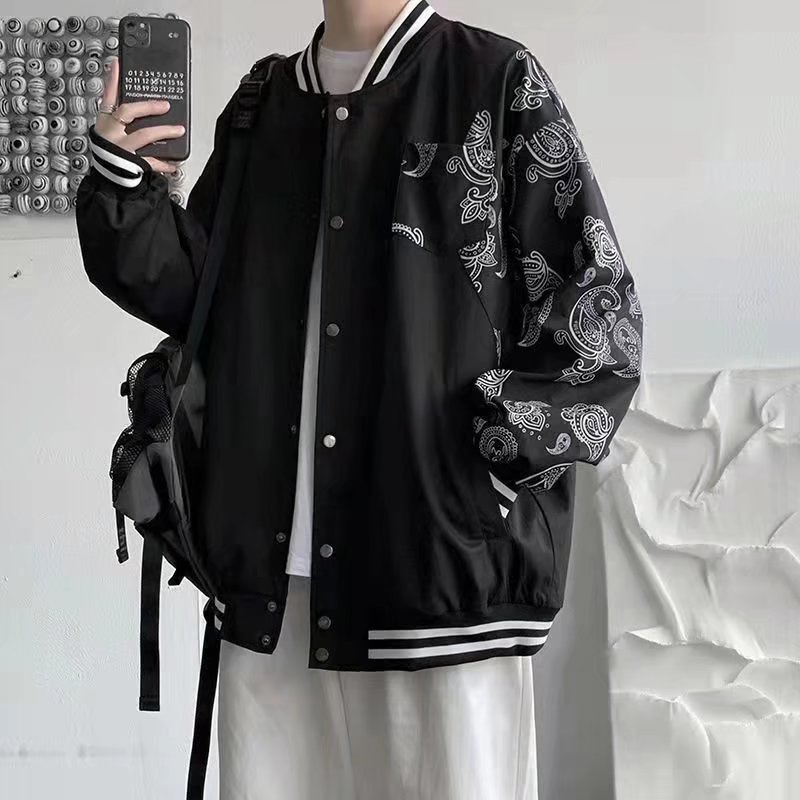 原宿风棒球服男薄款外套2022年春秋季学生百搭复古美式黑色夹克潮