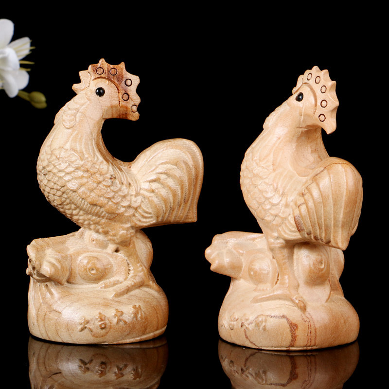 2022年龙人吉祥物丹凤守禄桃木雕刻摆件龙鸡和合摆件