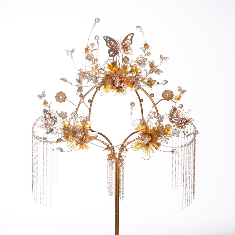 秀禾王妃新款中式头饰大气新娘金色凤冠流苏发饰