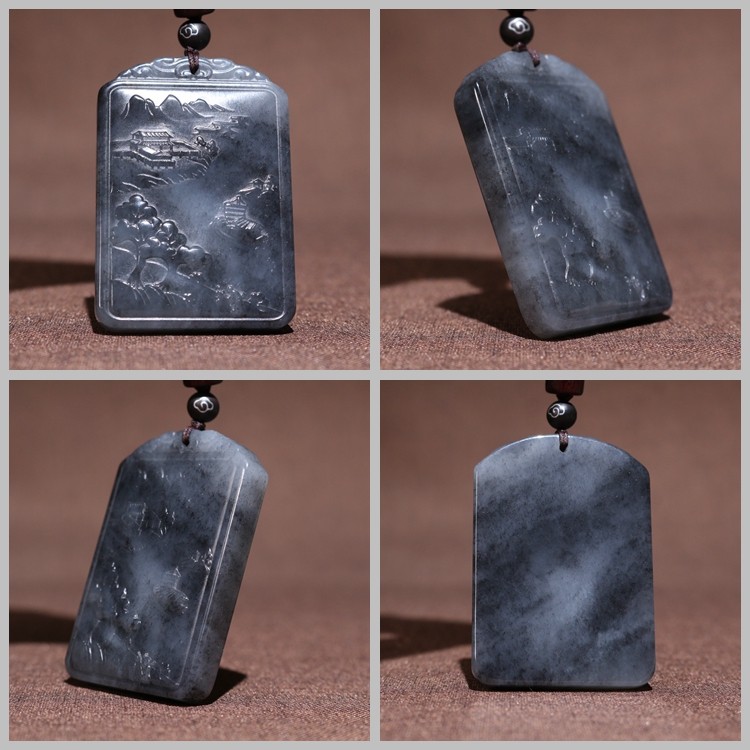 新疆和田籽料聚墨青花挂件田园山水意境平安颈饰