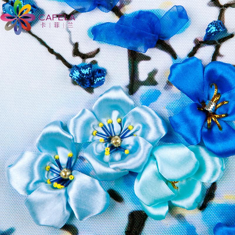 卡菲兰丝带绣新款梅花卧室客厅风景挂画新手钻石3d印花立体十字绣