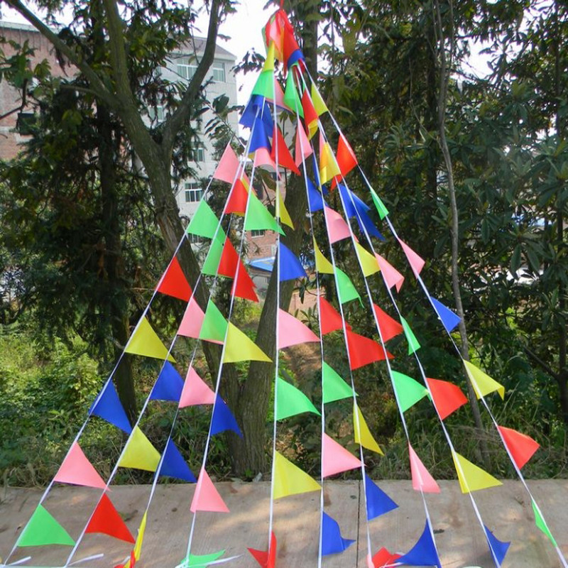 三角旗彩旗串旗定制五彩色小红旗批发白绳施工旗生日乔迁之喜挂饰