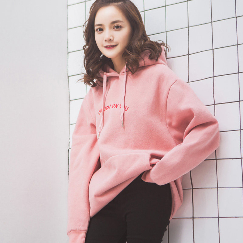 2018秋季新款情侣款宽松卫衣女长袖刺绣韩版潮学生bf粉色秋装加绒优惠