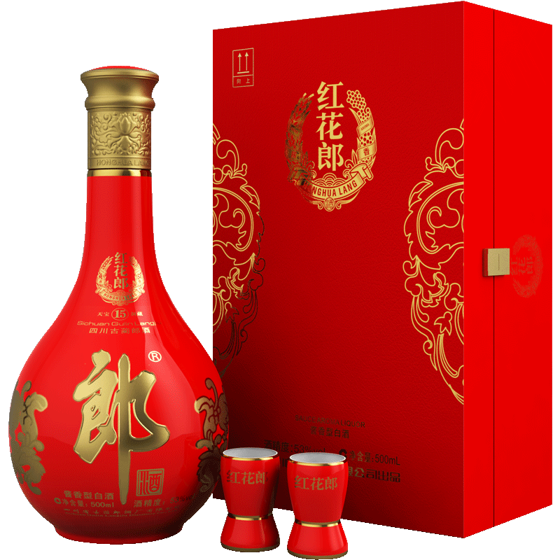 酒厂自营红花郎十五单瓶礼盒装53度500ml宴请送礼国产白酒