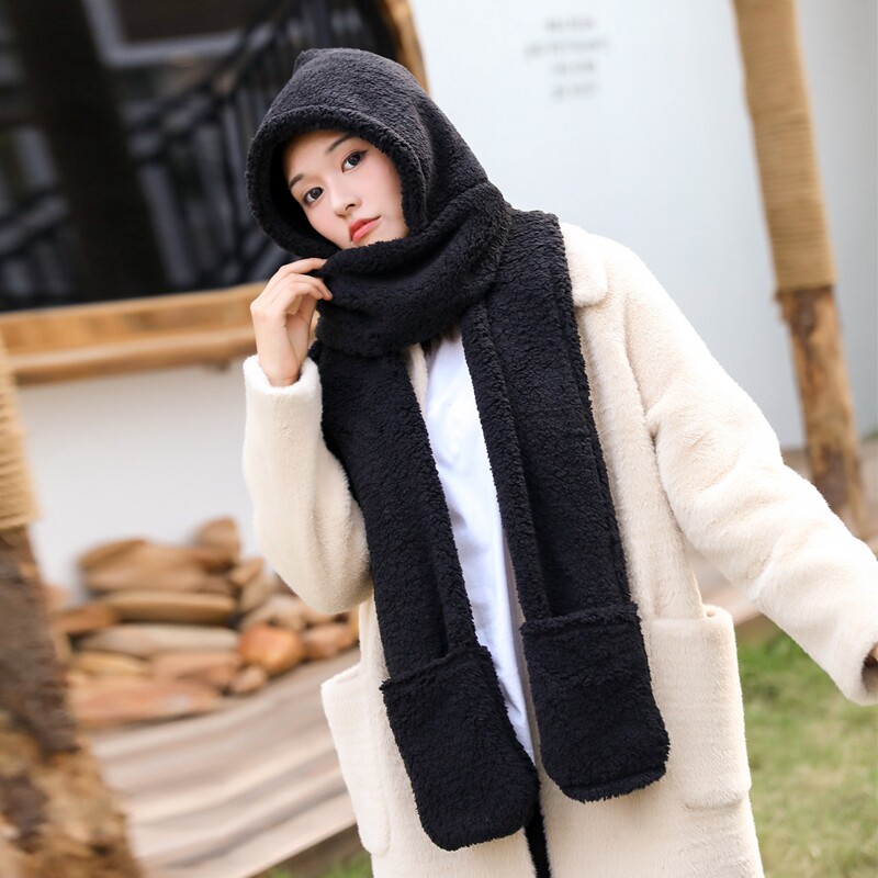 秋冬季韩版加厚加绒羊羔围巾女帽帽子连帽三件帽子