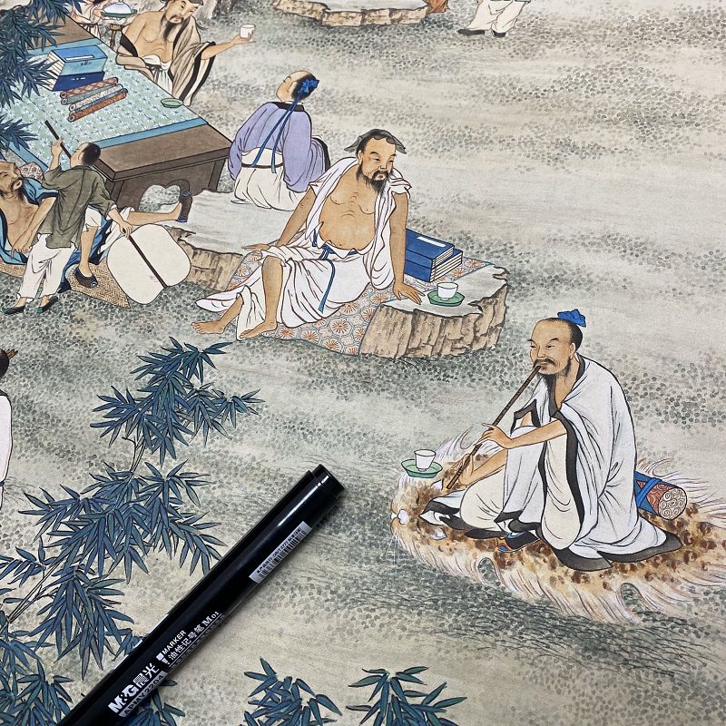 夏荆山竹林七贤图高清微古代国画复制品工笔人物国画