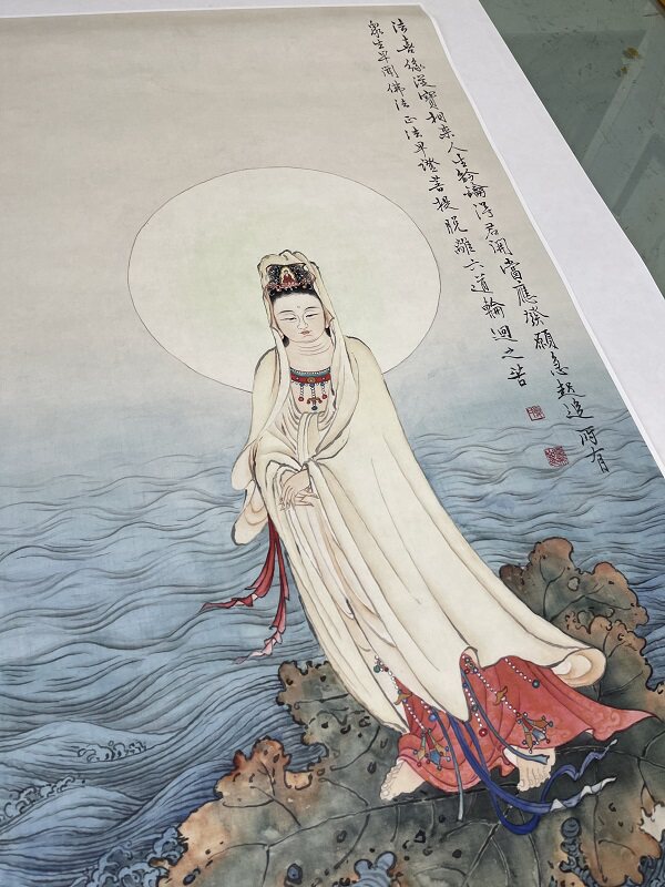 夏荆山踏荷观音像立轴自性光明编号微喷复制佛像国画