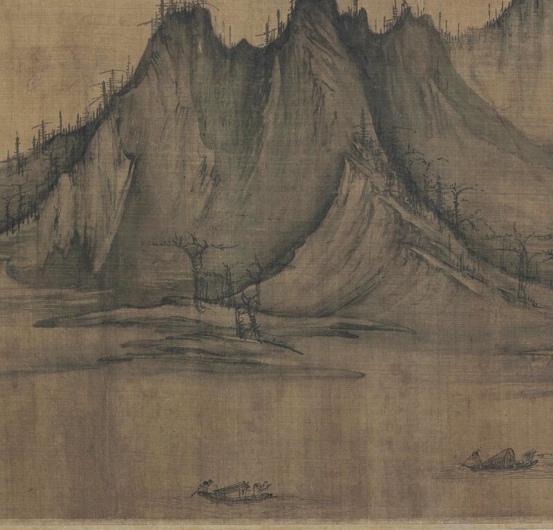 北宋许道宁渔舟唱晚秋江渔艇图宋画山水画长卷高清绢布国画