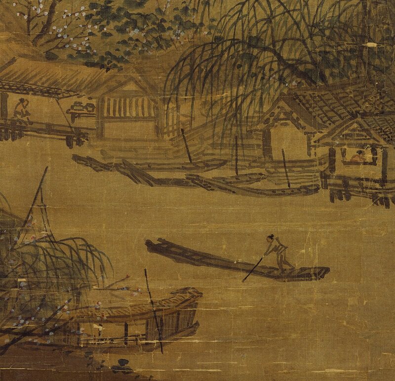 南宋夏圭西湖柳艇图宋画山水立轴国画真迹微喷国画