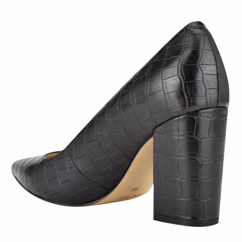 ninewest玖熙女鞋高跟鞋皮鞋黑色纹理粗跟cara单鞋