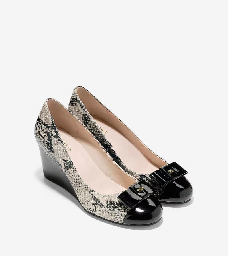 cole haan瓢鞋女单鞋圆头浅口真皮蛇皮纹高跟坡跟美国直邮w05284