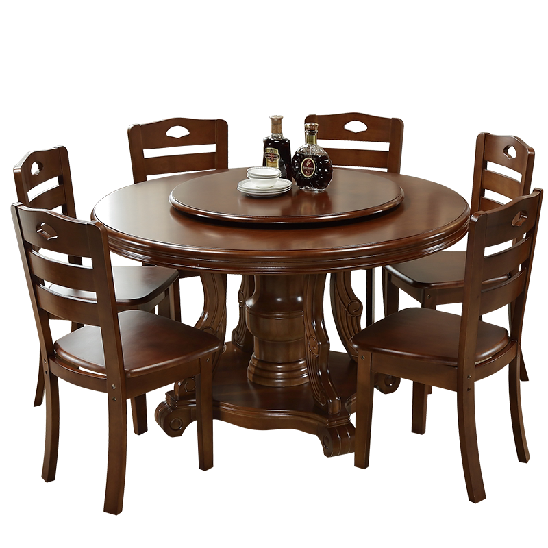 实木大圆餐桌椅组合家用休闲餐桌木圆桌吃饭桌子旋转中式圆形木卓