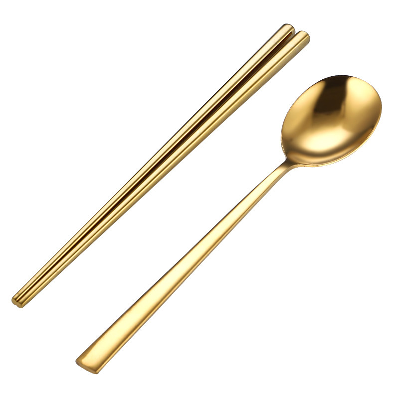 韩式不锈钢金色筷子高档防霉防滑方形勺筷韩国筷子