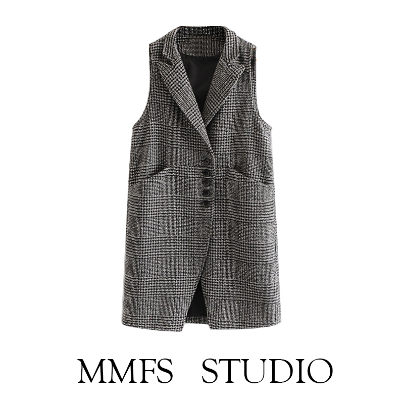 MMFS外贸原单正品尾货剪标女装欧美小香风千鸟格长款毛呢马甲外套