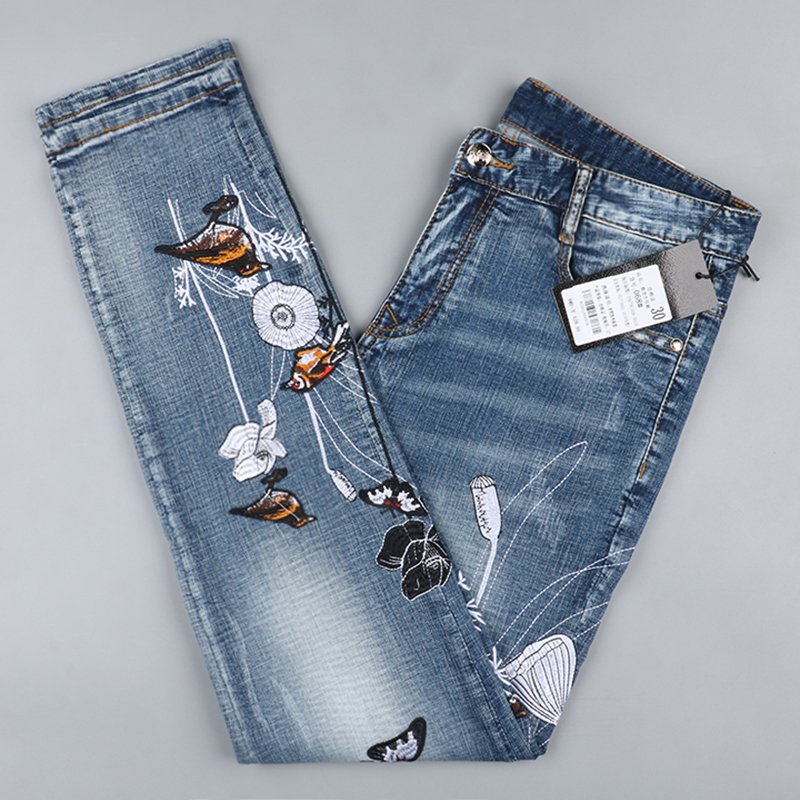 春夏新款牛仔裤男韩版潮流刺绣修身小脚裤九分裤外贸剪标尾货男装