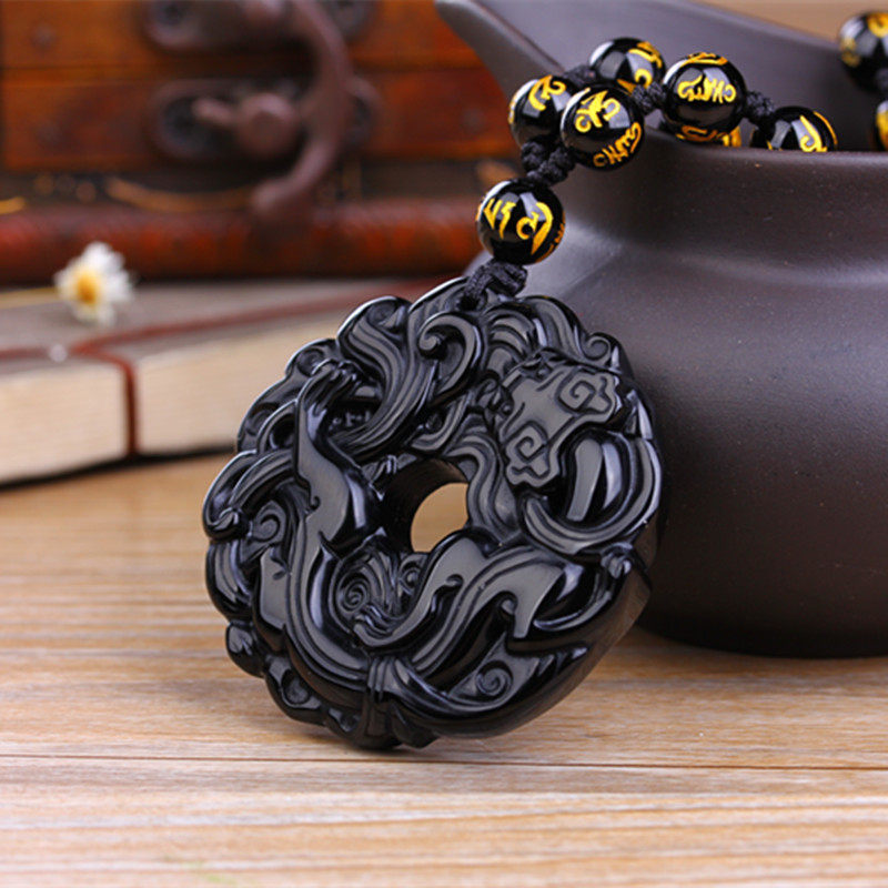 开光天然冰种黑曜石貔貅麒麟平安扣吊坠男女情侣招财转运辟邪项链